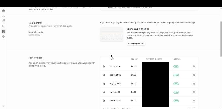 Supabase Past Invoices showing five $0.00 invoices for June–October 2026; May’s sixth $0.00 invoice was checked separately